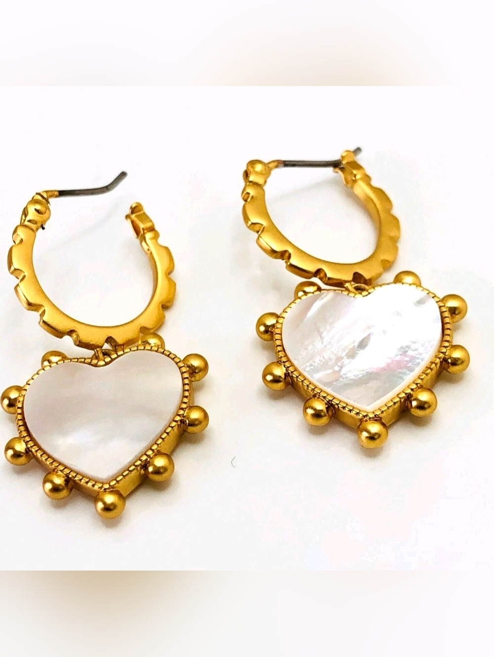 Tory Burch Gold Heart Mother-of-Pearl Hoop Drop Earrings